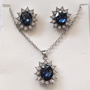 Princess Diana Style Faux Sapphire & Diamond Set Necklace & Stud Earrings